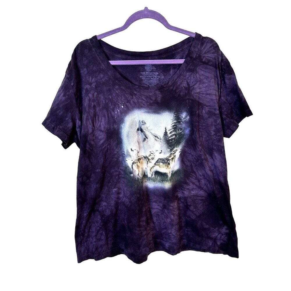 The Mountain Womens Purple Wolf Shirt 2X Tie Dye Scoop Neck Short Sleeve Cotton